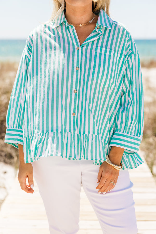 Plus Size turquoise and white striped button-down top with three-quarter sleeves and a ruffle hem.