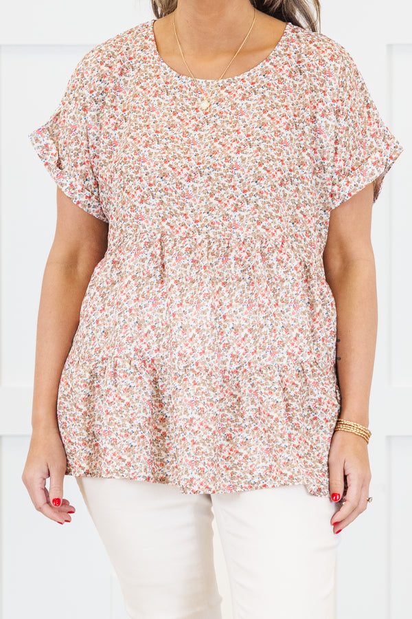Chic Soul plus size clothing, taupe babydoll top with ditsy floral print