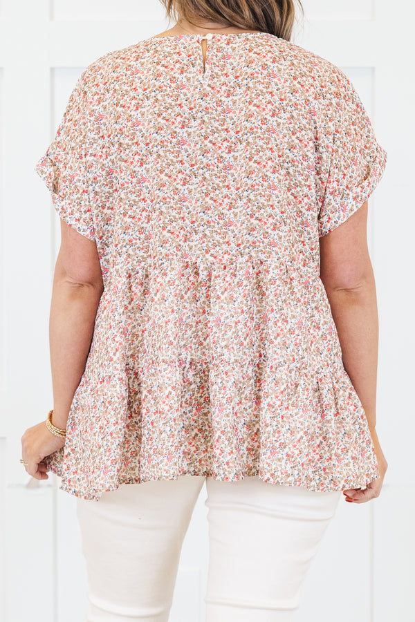 Chic Soul plus size clothing, taupe babydoll top with ditsy floral print