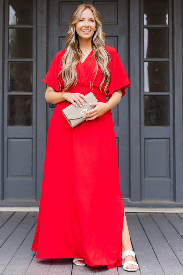 Chic Soul plus size clothing, red short sleeve maxi dress with smocked cinched waist detail with flutter sleeves and v neckline
