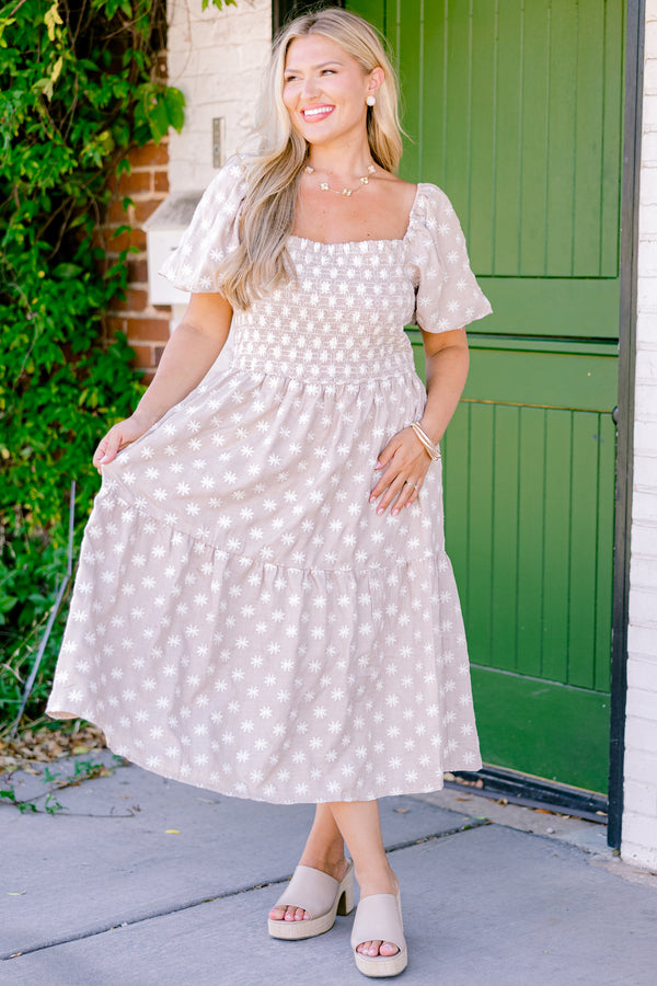 Chic Soul plus size clothing, taupe midi dress with a white floral pattern bubble sleeves and a square neckline 