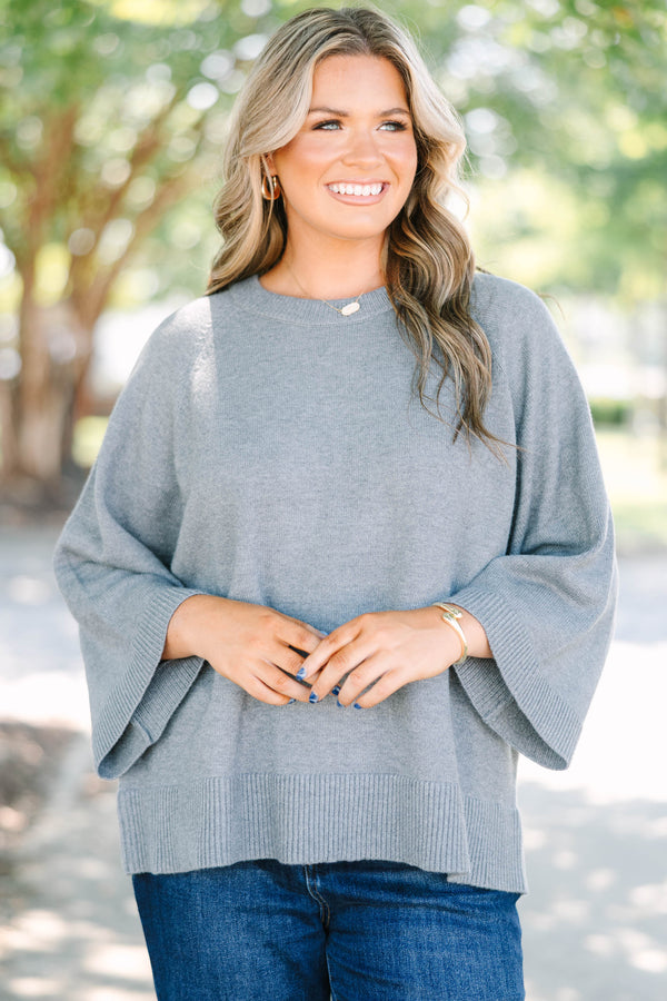 Plus Size gray crewneck sweater with wide three-quarter length sleeves and a ribbed hem.