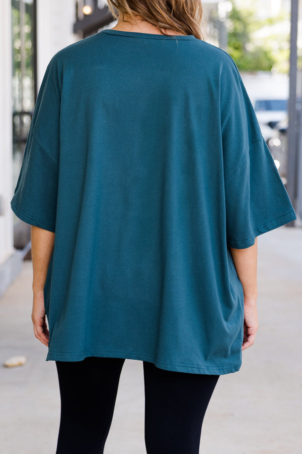 Chic Soul plus size clothing, peacock teal color boyfriend tee with 