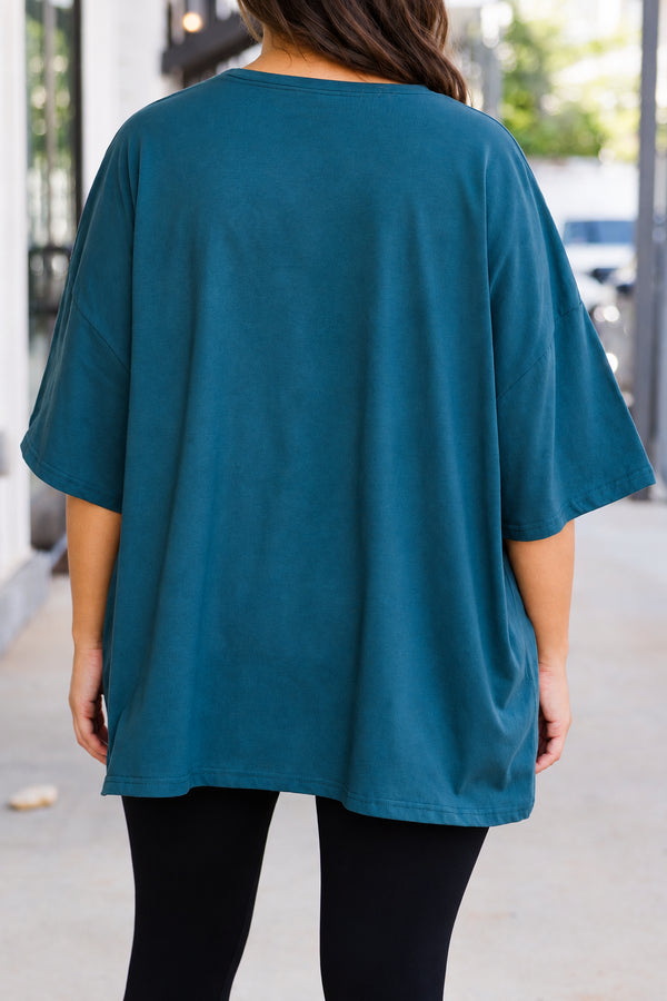 Chic Soul plus size clothing, peacock teal color boyfriend tee with 