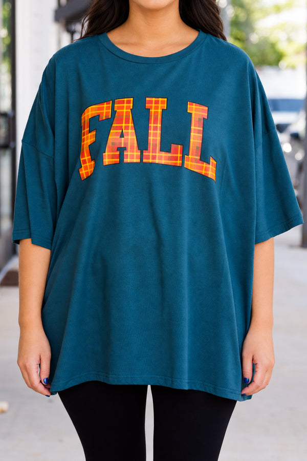 Chic Soul plus size clothing, peacock teal color boyfriend tee with 