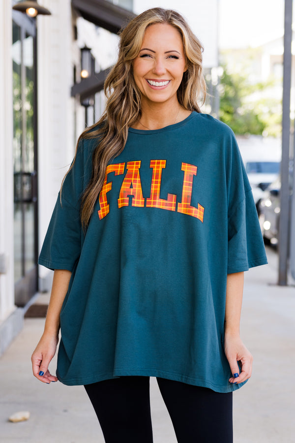 Chic Soul plus size clothing, peacock teal color boyfriend tee with 