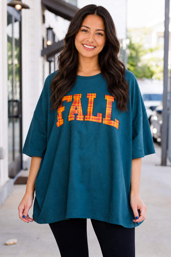 Chic Soul plus size clothing, peacock teal color boyfriend tee with 
