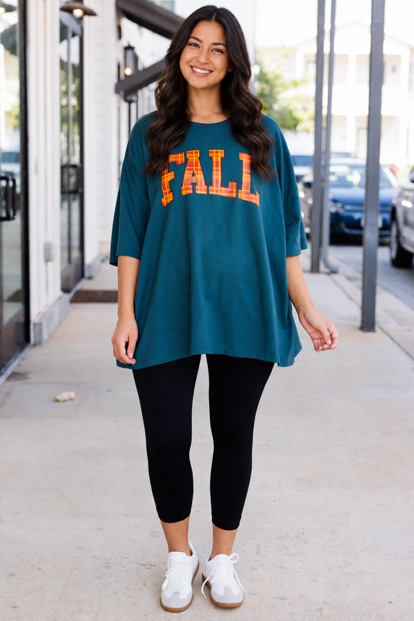Chic Soul plus size clothing, peacock teal color boyfriend tee with 
