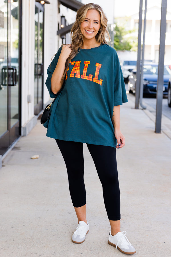 Chic Soul plus size clothing, peacock teal color boyfriend tee with 