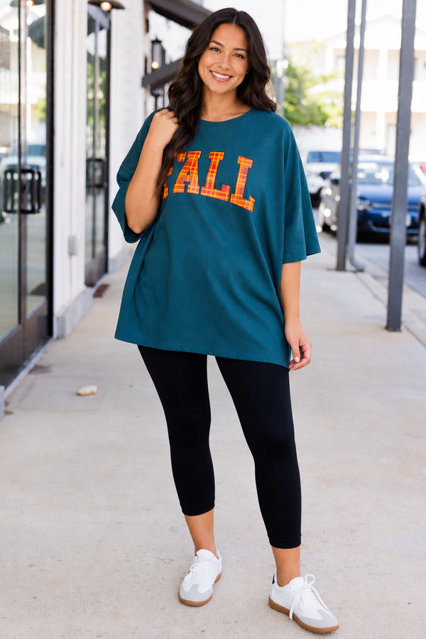 Chic Soul plus size clothing, peacock teal color boyfriend tee with 