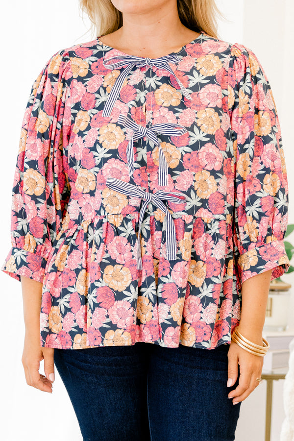 Chic Soul plus size clothing, light pink and orange floral pattern on navy three-quarter balloon sleeve high neck babydoll top with three navy and white pinstripe bows on front