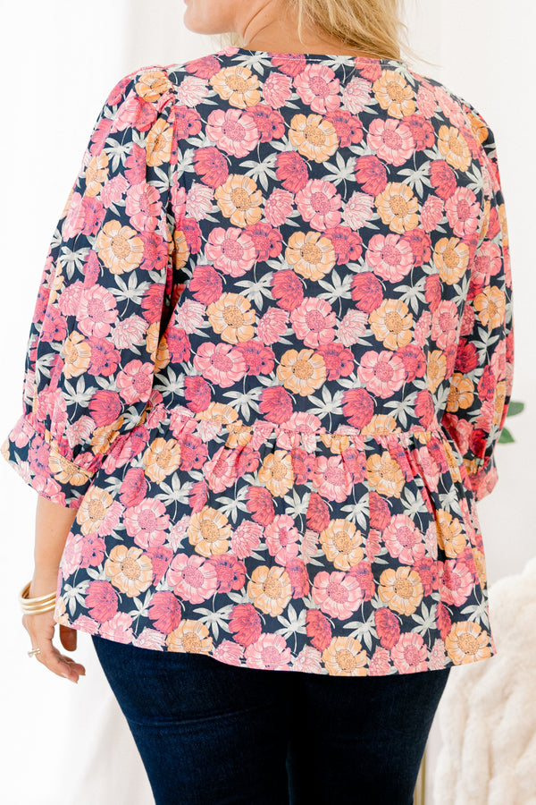 Chic Soul plus size clothing, light pink and orange floral pattern on navy three-quarter balloon sleeve high neck babydoll top with three navy and white pinstripe bows on front
