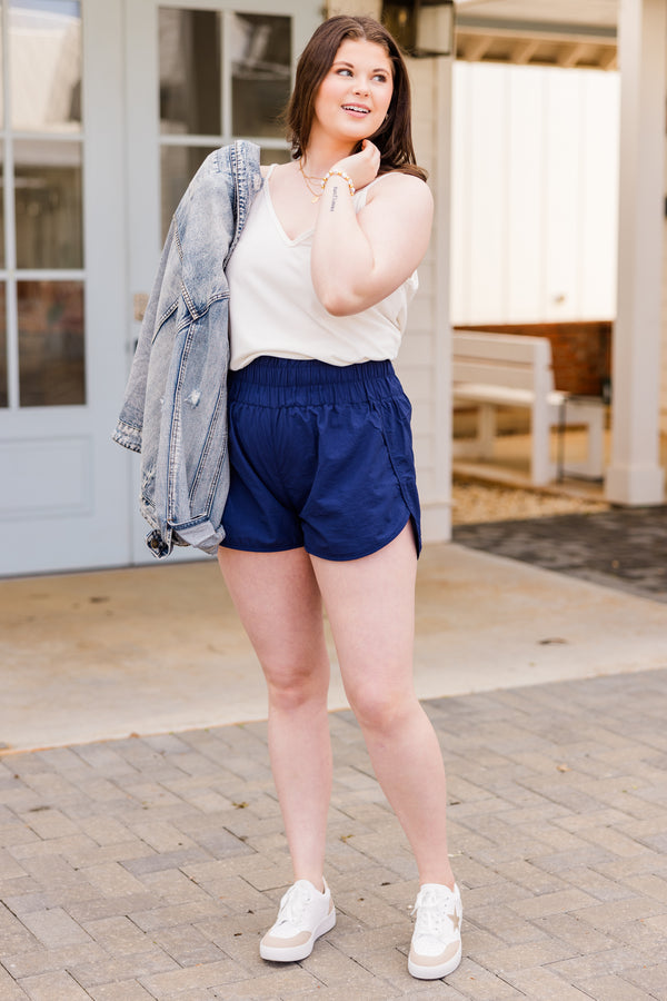 Chic Soul plus size clothing, light navy athletic high-rise shorts with smocked waistband