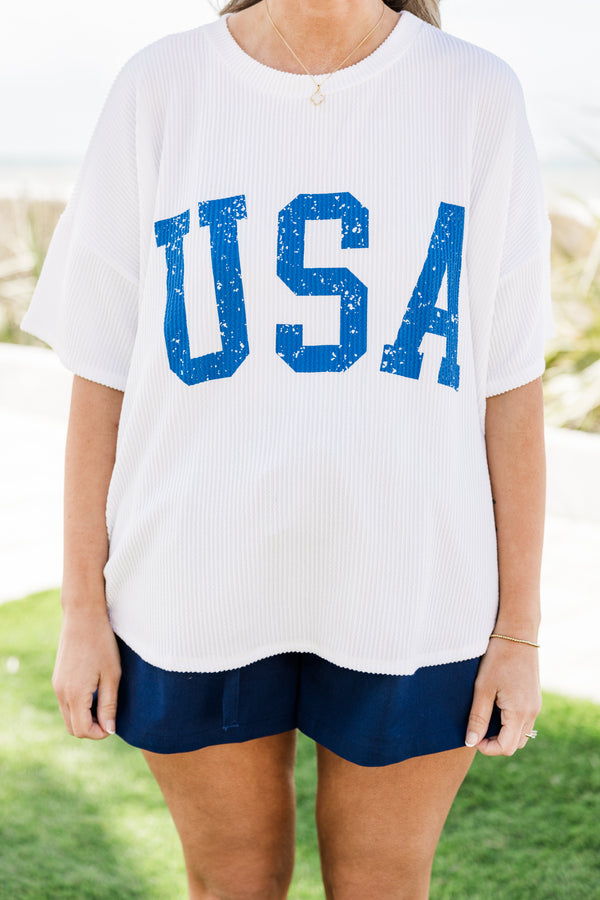 Chic Soul plus size clothing, short-sleeve off-white top with a high-scoop-neckline and a blue distressed graphic lettering stating 