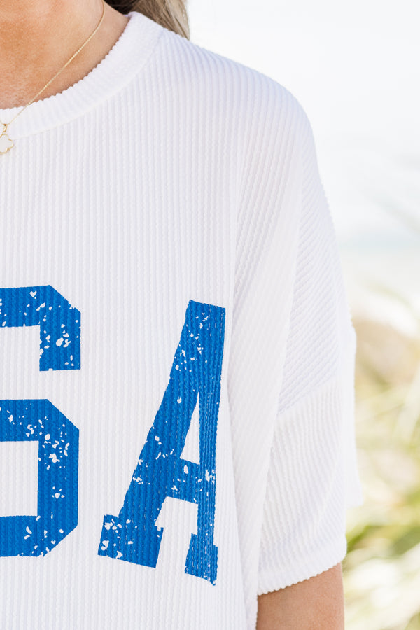 Chic Soul plus size clothing, short-sleeve off-white top with a high-scoop-neckline and a blue distressed graphic lettering stating 