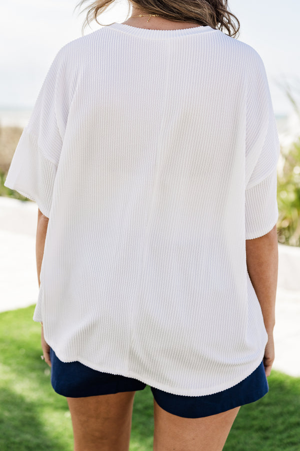 Chic Soul plus size clothing, short-sleeve off-white top with a high-scoop-neckline and a blue distressed graphic lettering stating 