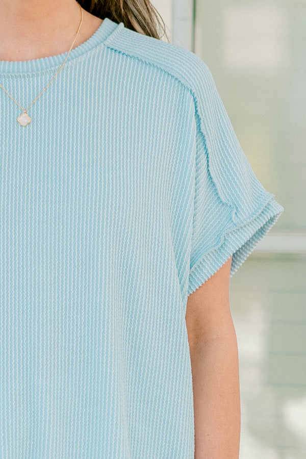 Chic Soul plus size clothing, blue short sleeve ribbed knit top with outer stitching detail and round neckline
