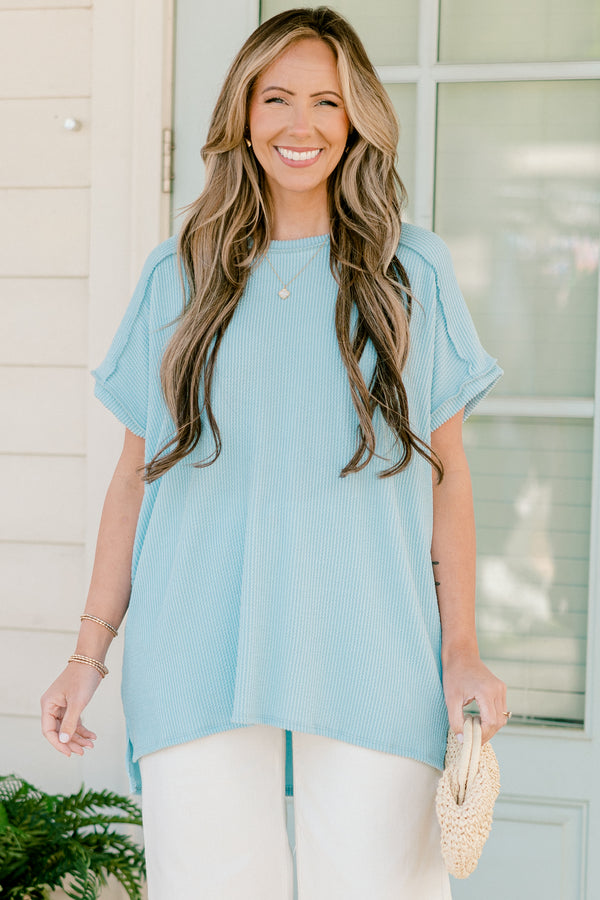 Chic Soul plus size clothing, blue short sleeve ribbed knit top with outer stitching detail and round neckline
