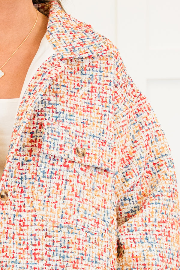 Chic Soul plus size clothing, multicolored long sleeve tweed jacket with button up detail and collar with cuff sleeves and side pockets