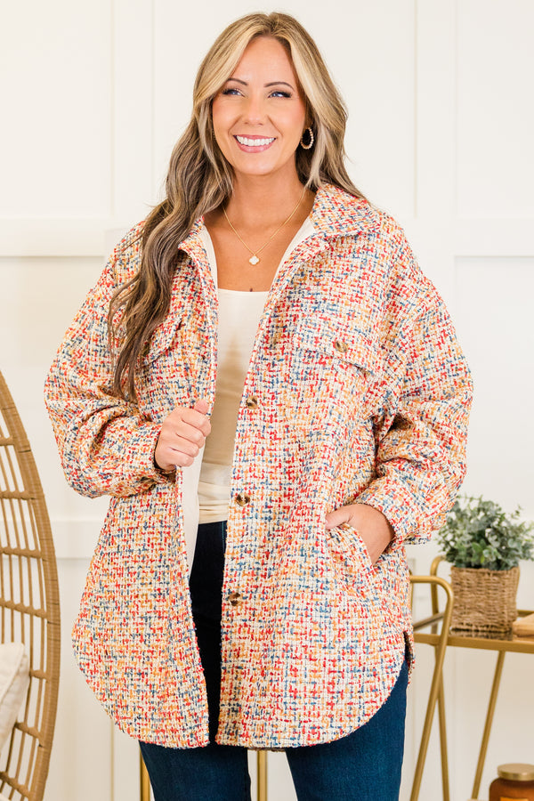 Chic Soul plus size clothing, multicolored long sleeve tweed jacket with button up detail and collar with cuff sleeves and side pockets