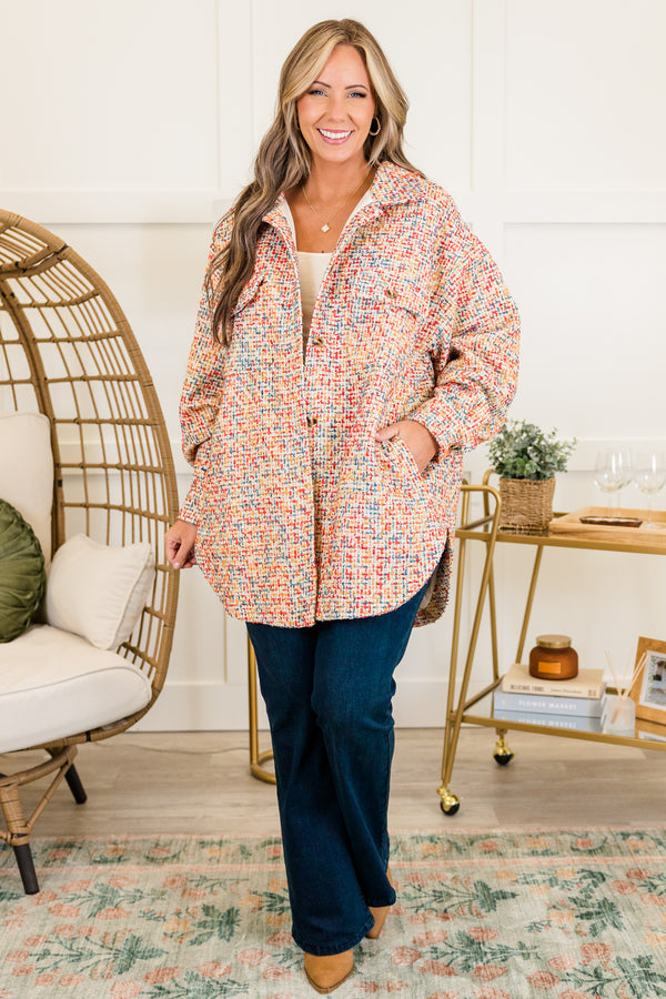 Chic Soul plus size clothing, multicolored long sleeve tweed jacket with button up detail and collar with cuff sleeves and side pockets