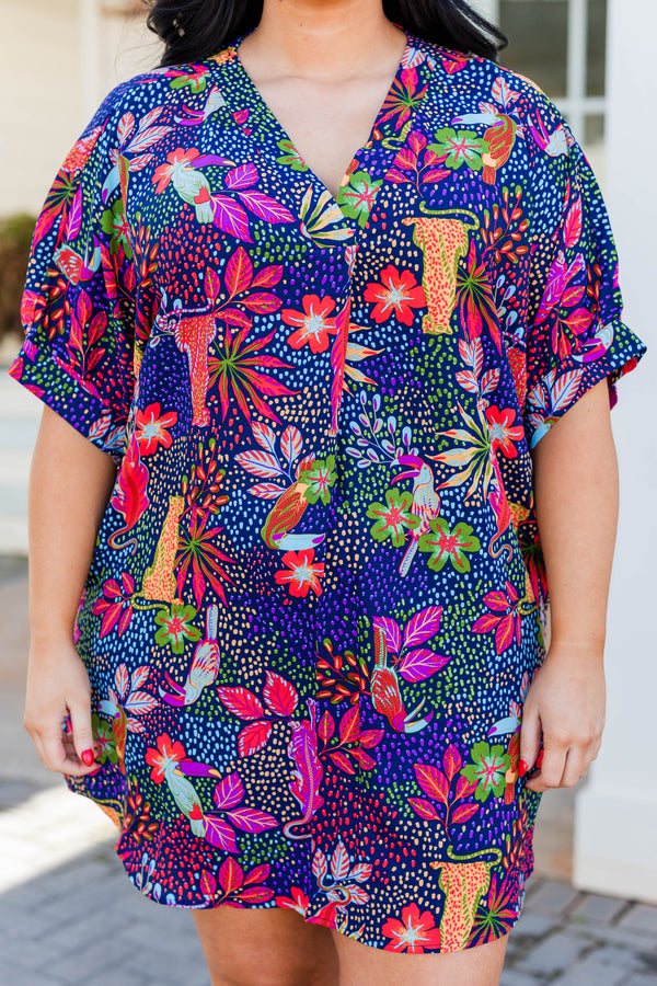 Chic Soul plus size clothing, navy mini dress with abstract floral multicolor print with v neckline and short puff sleeves