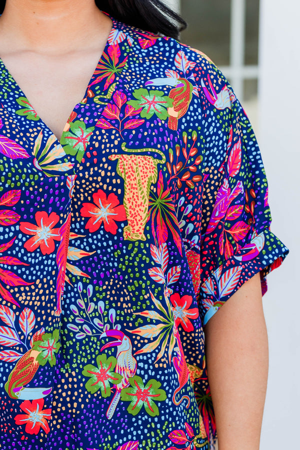 Chic Soul plus size clothing, navy mini dress with abstract floral multicolor print with v neckline and short puff sleeves
