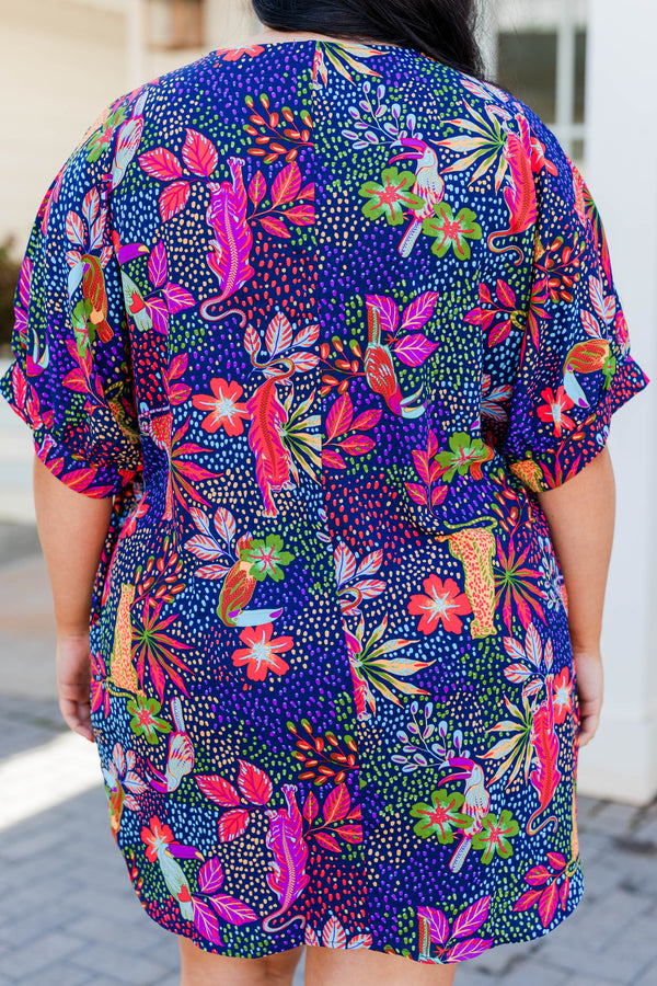 Chic Soul plus size clothing, navy mini dress with abstract floral multicolor print with v neckline and short puff sleeves