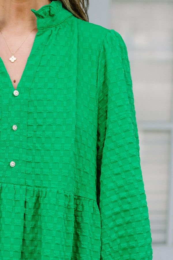 Chic Soul plus size clothing, green flowy babydoll dress with textured pattern and long bubble sleeves