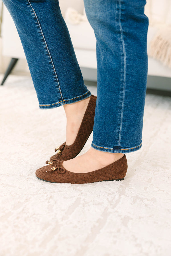 Plus Size coffee brown woven ballet flats with a bow detail and gold accents.