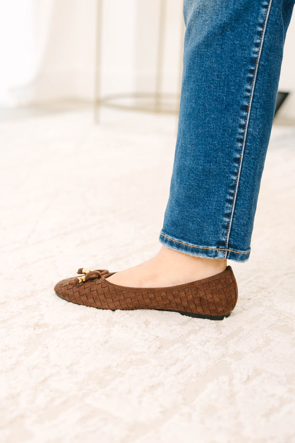 Plus Size coffee brown woven ballet flats with a bow detail and gold accents.
