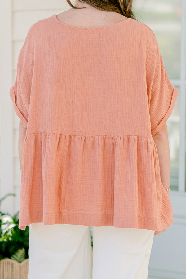 Chic Soul plus size clothing, short-cuffed-sleeve pink orange baby doll top with a scoop-neckline and button detailing