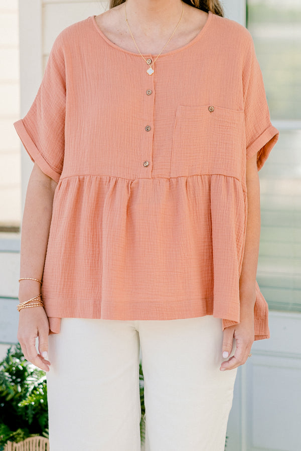 Chic Soul plus size clothing, short-cuffed-sleeve pink orange baby doll top with a scoop-neckline and button detailing