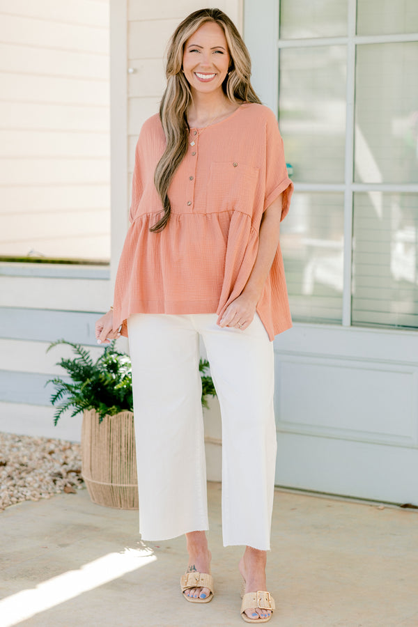 Chic Soul plus size clothing, short-cuffed-sleeve pink orange baby doll top with a scoop-neckline and button detailing