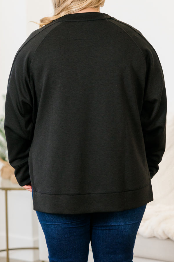 Chic Soul plus size clothing, black long sleeve sweatshirt/pullover with round neckline with cuff sleeves with band along the bottom with slits on each side