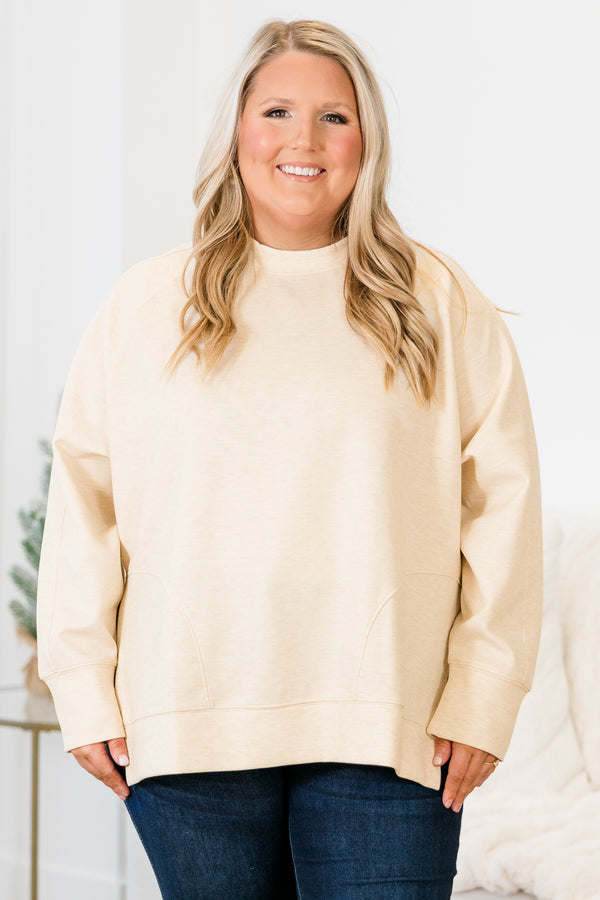 Chic Soul plus size clothing, heather beige long sleeve sweatshirt/pullover with round neckline with cuff sleeves with band along the bottom with slits on each side