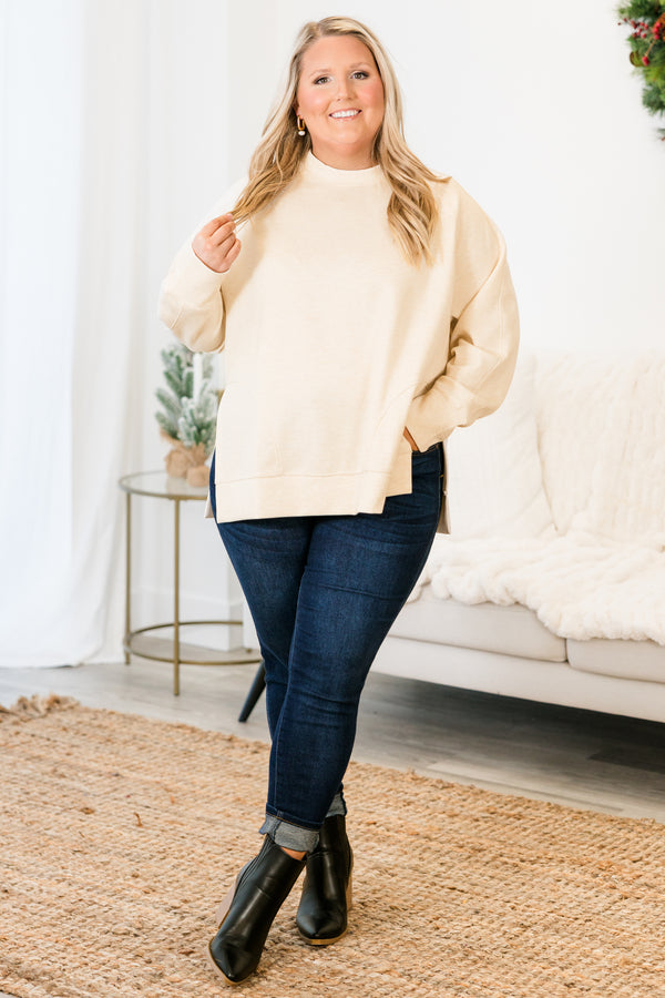 Chic Soul plus size clothing, heather beige long sleeve sweatshirt/pullover with round neckline with cuff sleeves with band along the bottom with slits on each side