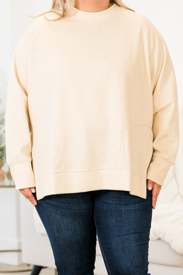 Chic Soul plus size clothing, heather beige long sleeve sweatshirt/pullover with round neckline with cuff sleeves with band along the bottom with slits on each side