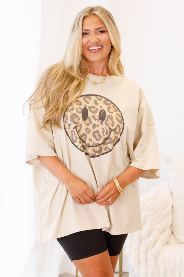 Chic Soul plus size clothing, light brown half sleeve crewneck tee with leopard print smiley face graphic