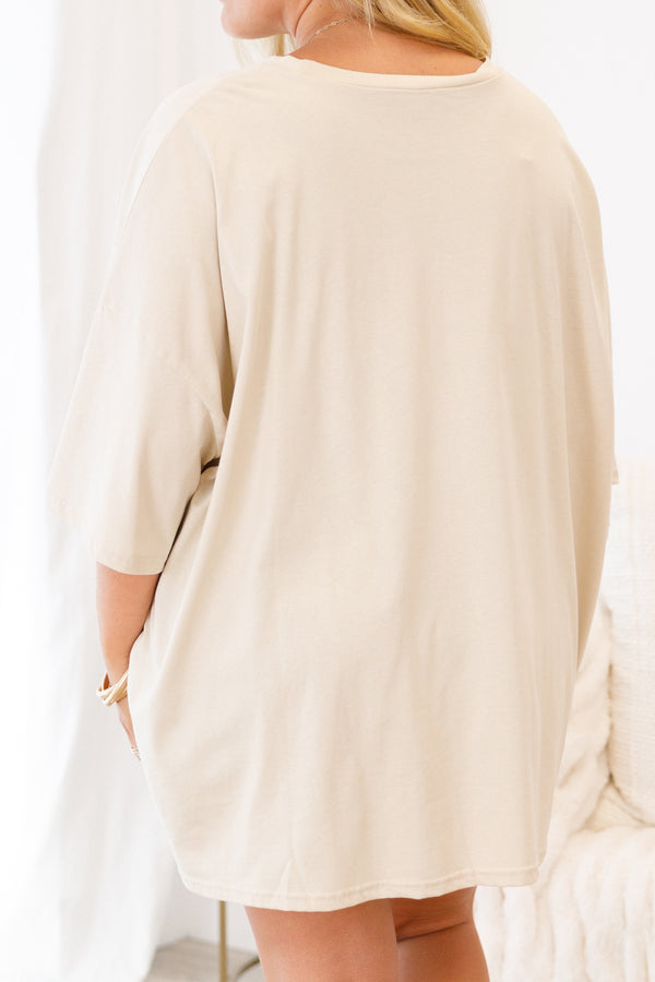 Chic Soul plus size clothing, light brown half sleeve crewneck tee with leopard print smiley face graphic