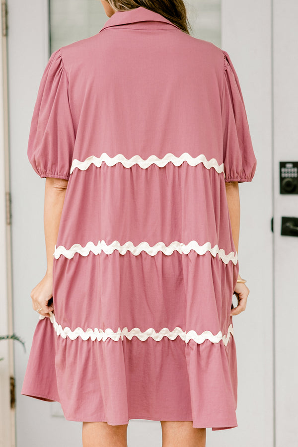 Chic Soul plus size clothing, short-puffed-sleeve mauve pink ruffled baby doll dress with a collar and a white button down detailing with a white ric rac piping along the tiers