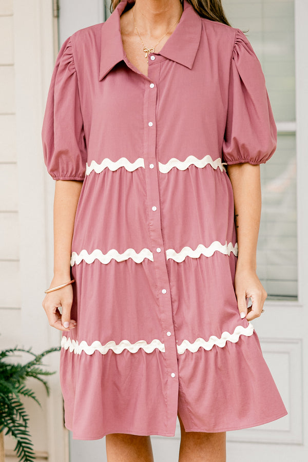 Chic Soul plus size clothing, short-puffed-sleeve mauve pink ruffled baby doll dress with a collar and a white button down detailing with a white ric rac piping along the tiers