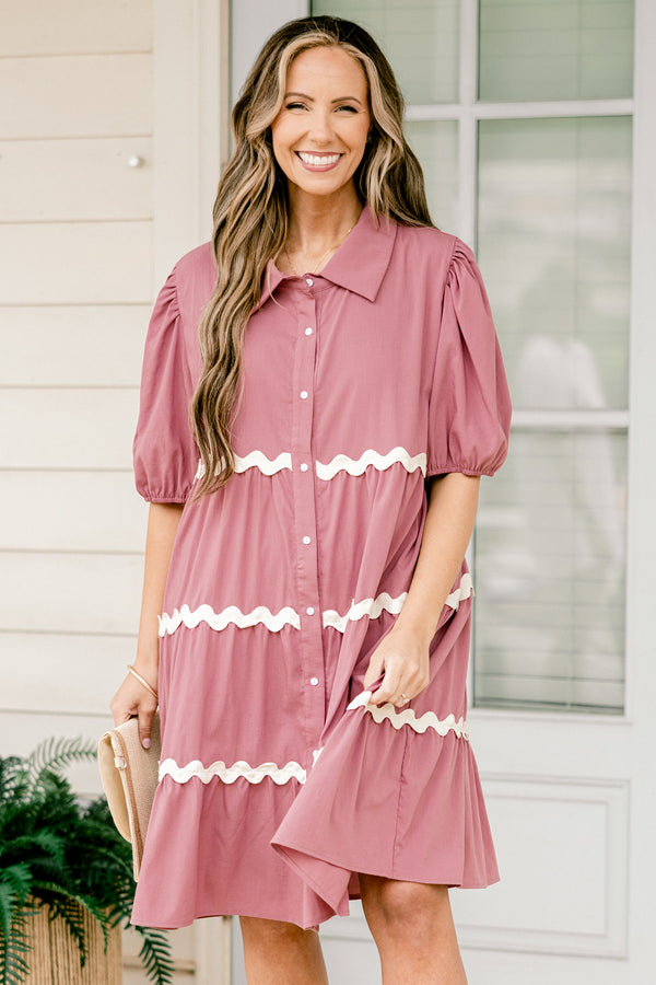 Chic Soul plus size clothing, short-puffed-sleeve mauve pink ruffled baby doll dress with a collar and a white button down detailing with a white ric rac piping along the tiers