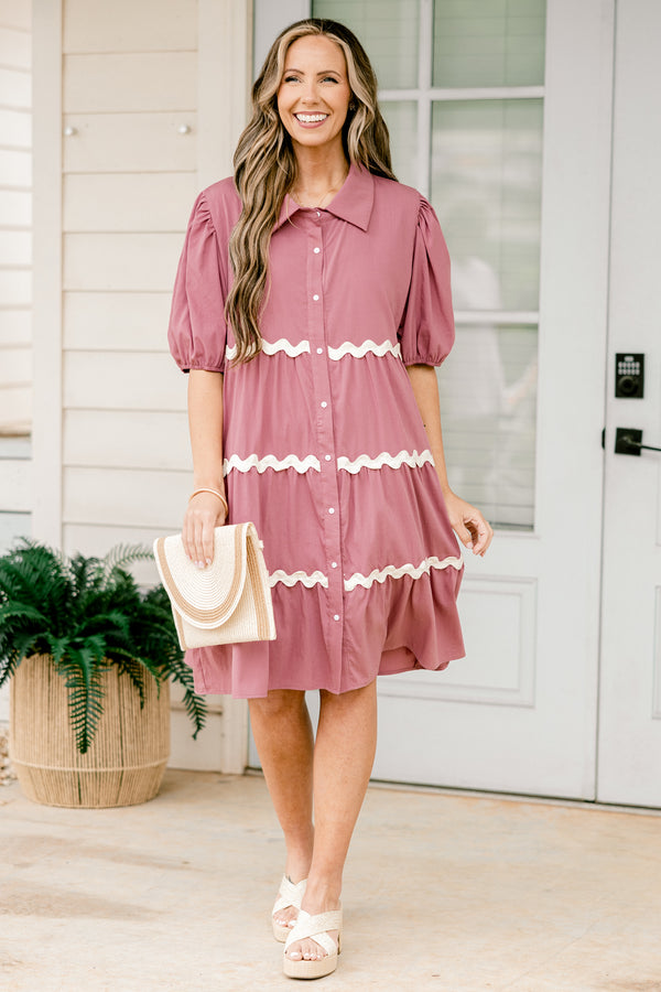 Chic Soul plus size clothing, short-puffed-sleeve mauve pink ruffled baby doll dress with a collar and a white button down detailing with a white ric rac piping along the tiers