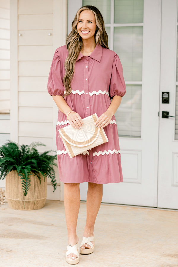 Chic Soul plus size clothing, short-puffed-sleeve mauve pink ruffled baby doll dress with a collar and a white button down detailing with a white ric rac piping along the tiers