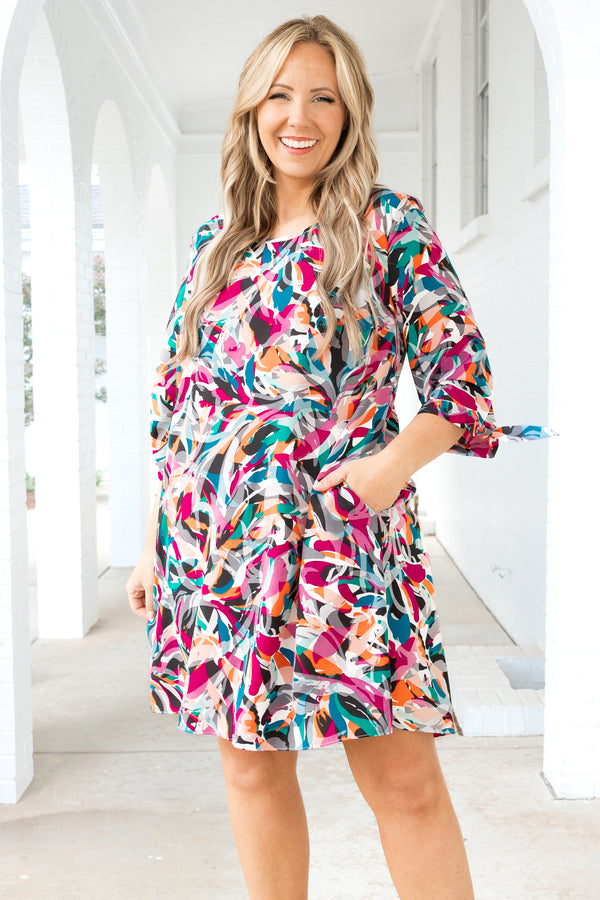 Chic Soul plus size clothing, multicolor abstract pattern dress with pockets