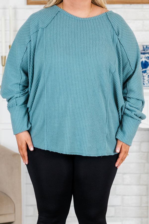 Plus Size slate blue waffle knit long sleeve top with a round neckline and relaxed fit.