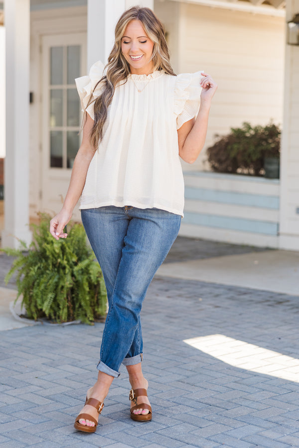 Chic Soul plus size clothing, champagne short sleeve top with ruffles and high ruffled neckline