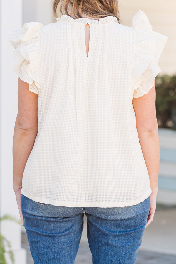Chic Soul plus size clothing, champagne short sleeve top with ruffles and high ruffled neckline