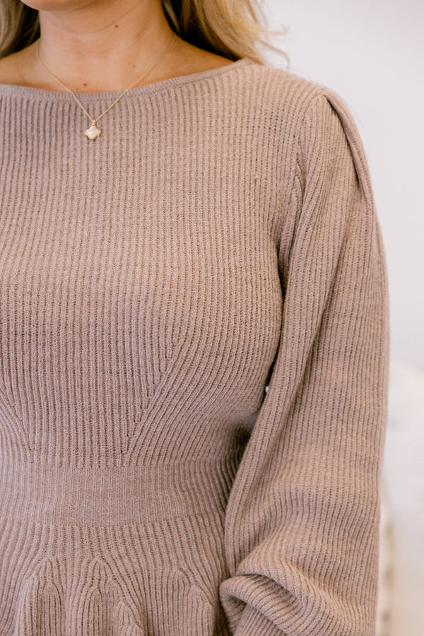 Chic Soul plus size clothing, light tan long sleeve knit sweater with puff sleeves and cinching at the waist and ruffle hem
